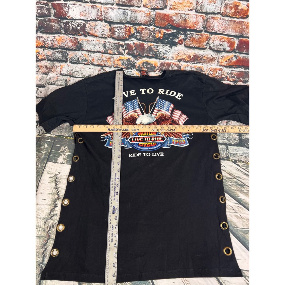 Motor Live To Ride Cycle Black Biker Tee Eagle Grommet Side Slit Shirt Womens L - Picture 7 of 7